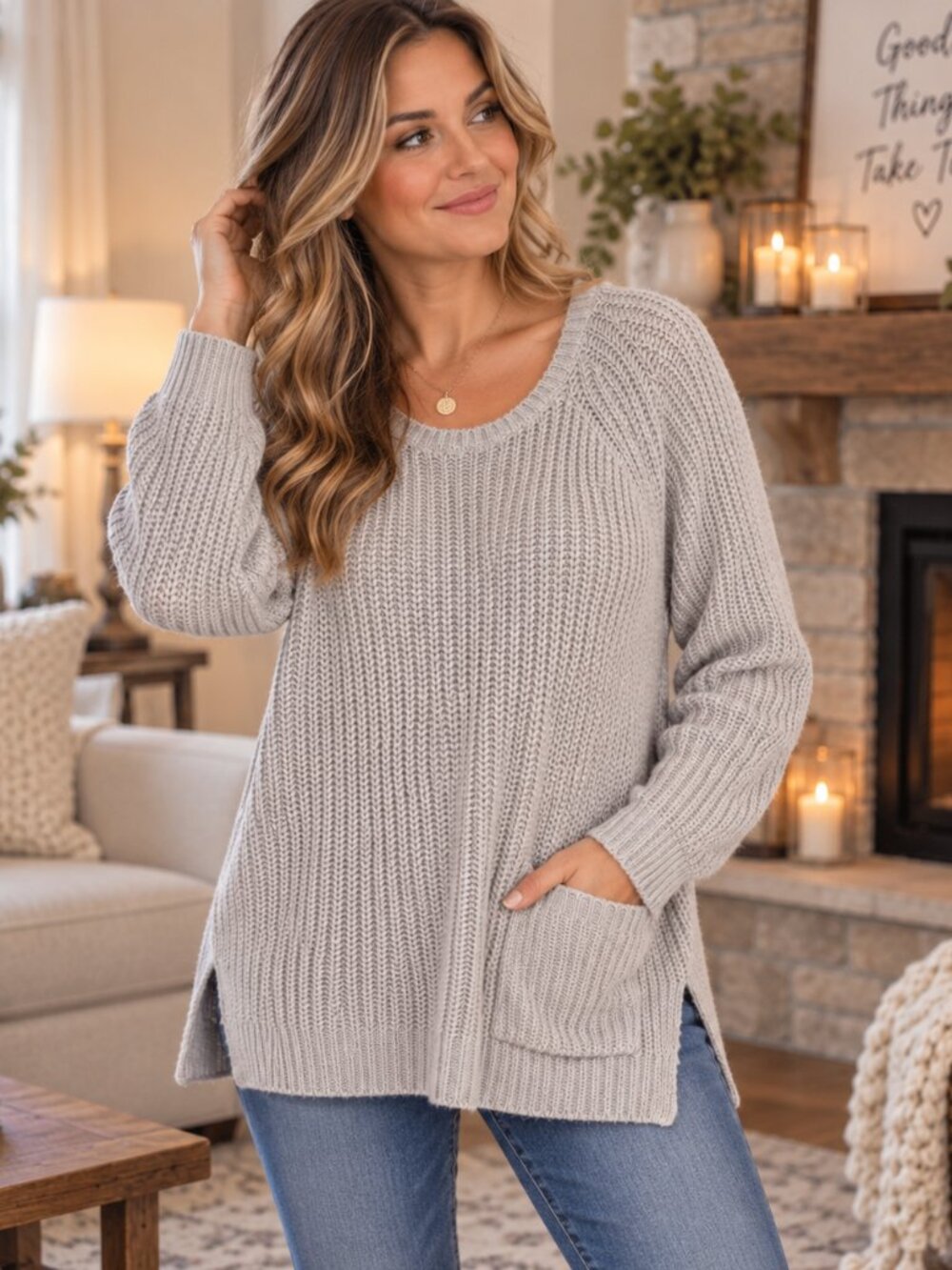 Lilla P Cashmere Blend Light Gray Shaker Knit Crewneck Chunky Fisherman Sweater